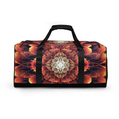 White duffle bag printed with the "Mandala Bloom" design, back view showing the smooth print panel.