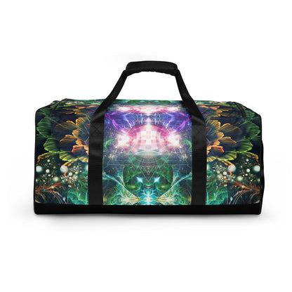 White duffle bag printed with the "Blossom / Nectar" design, back view showing the smooth print panel.