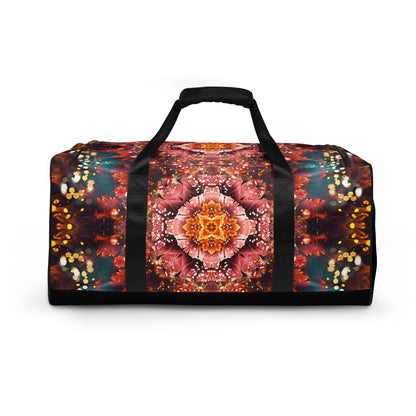 Back view of the Reaching For Light duffle bag showing the print across the rear panel.