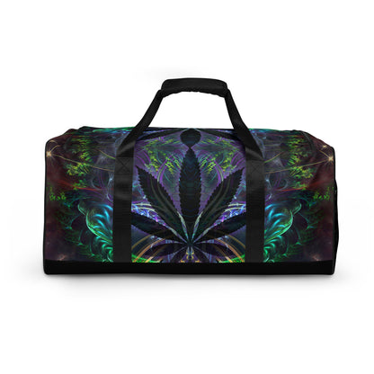 Back view of the 'Heightened Stroll' duffle bag showing its all-over-print psychedelic artwork.
