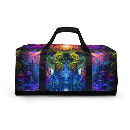 Back view of the 'Sacred Vine' duffle bag showing its psychedelic all-over-print artwork.