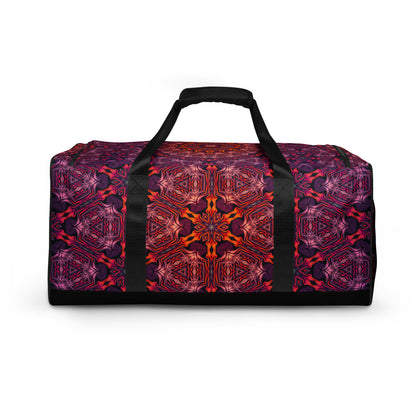 Back view of the 'Forged In Neon' duffle bag showing its psychedelic all-over-print artwork.