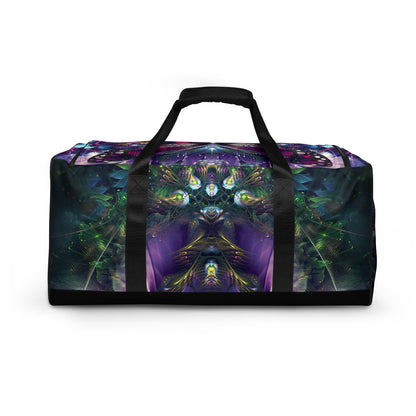 Back view of the 'Emergence' duffle bag showing its all-over-print psychedelic artwork.