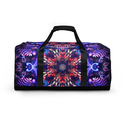 Back view of the 'Flow State' duffle bag showing its psychedelic all-over-print artwork.