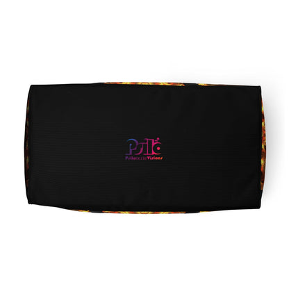 Bottom view of the Totem Sun duffle bag showing the reinforced base and fractal mandala print.