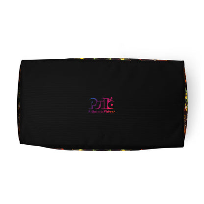 White duffle bag printed with the "Autumn Bloom" design, bottom view showing the reinforced base.
