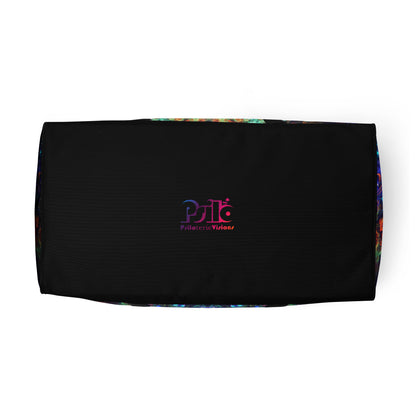 White duffle bag printed with the "Magnus Opum" design, bottom view showing the reinforced base.