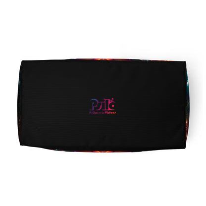 White duffle bag printed with the "Photonic" design, bottom view showing the reinforced base.