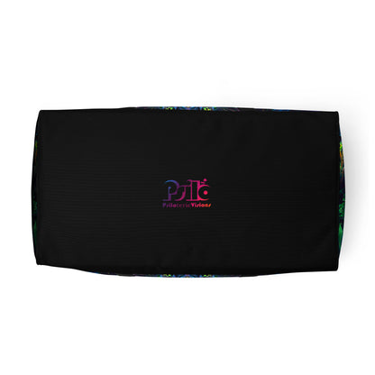 White duffle bag printed with the "Awakened" design, bottom view showing the reinforced base.