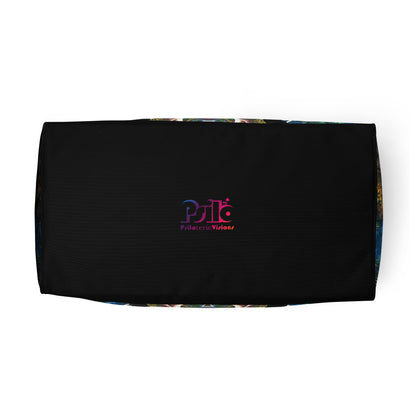 White duffle bag printed with the "Fluer de Vie" design, bottom view showing the reinforced base.