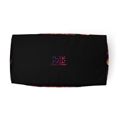 White duffle bag printed with the "Mandala Bloom" design, bottom view showing the reinforced base.
