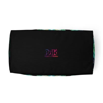 White duffle bag printed with the "Blossom / Nectar" design, bottom view showing the reinforced base.