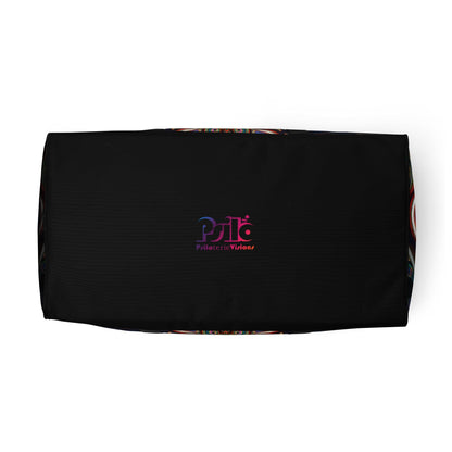 White duffle bag printed with the "The Waiting Room" design, bottom view showing the reinforced base.