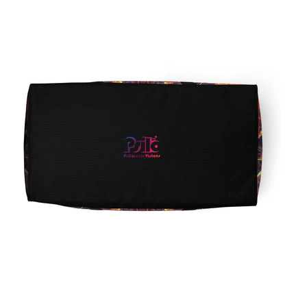 White duffle bag printed with the "Aquatic Rays" design, bottom view showing the reinforced base.