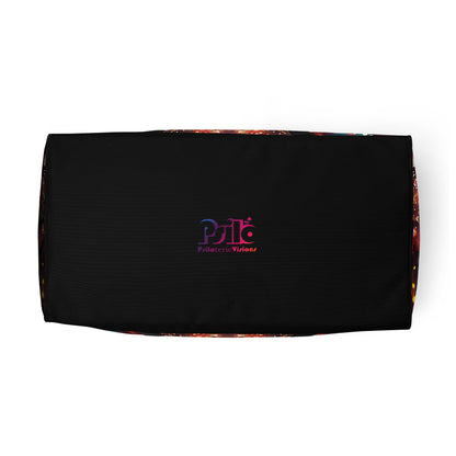 Bottom view of the Reaching For Light duffle bag showing its flat base.