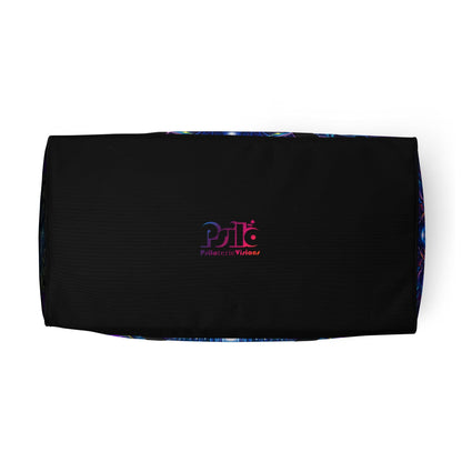 View from below of the 'Sacred Vine' duffle bag showing its base and all-over-print artwork.