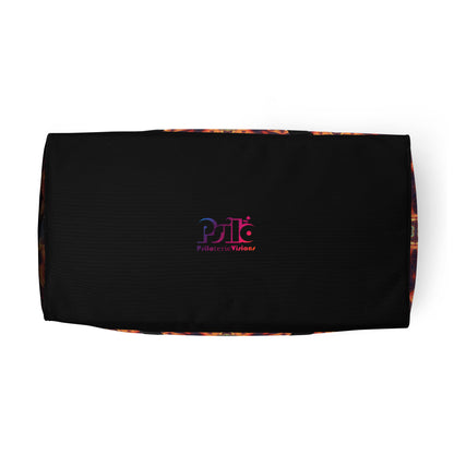 Bottom view of the 'Aquatic Rays' duffle bag showing its psychedelic all-over-print artwork.