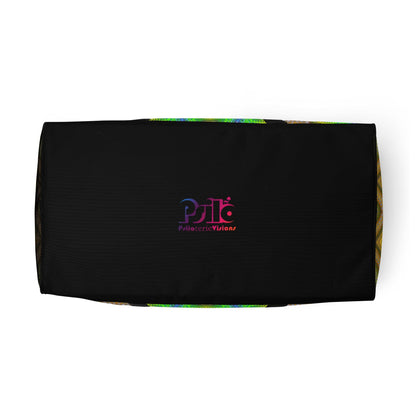 Bottom view of the 'Activation Initiated' duffle bag showing its psychedelic all-over-print artwork.