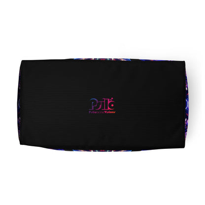 View from below of the 'Flow State' duffle bag showing its base and all-over-print artwork.
