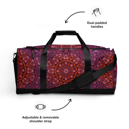 Front view of the 'Forged In Neon' duffle bag showing its psychedelic all-over-print artwork.