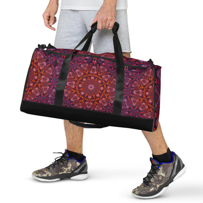 Close front view of the 'Forged In Neon' duffle bag showing the all-over-print pattern in detail.