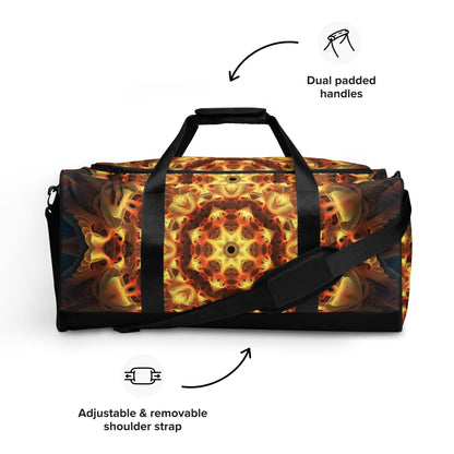 Front-facing shot of the Totem Sun duffle bag showing the full zipper pocket and mandala print.