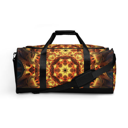 Front view of the white Totem Sun duffle bag with the fractal mandala sun design centered on the panel.