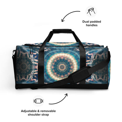 Front view of the Triple Goddess duffle bag with the adjustable padded shoulder strap extended.