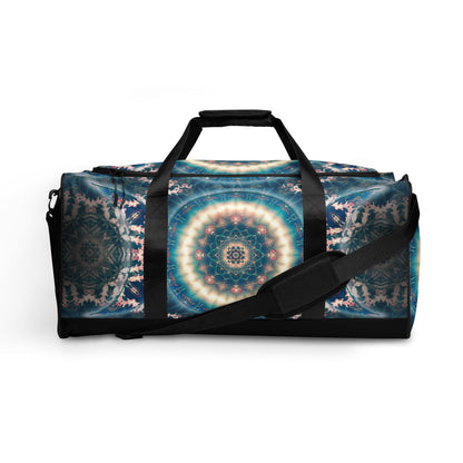 Front view of the Triple Goddess duffle bag laid flat to display the full maiden-mother-crone print.