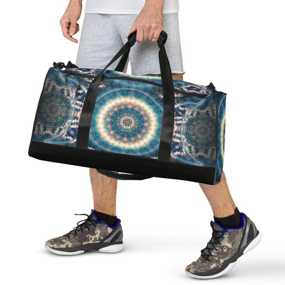 Close front view of the Triple Goddess duffle bag showing the moon goddess artwork in detail.