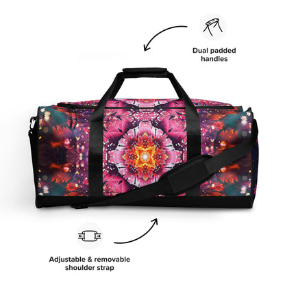 Front-facing view of the Endless Mallow duffle bag standing on a flat surface.