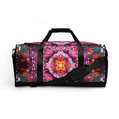 Front view of the Endless Mallow duffle bag with the shoulder strap removed, print fully visible.