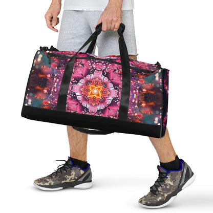Front view of the Endless Mallow duffle bag packed and ready, showing its spacious shape.