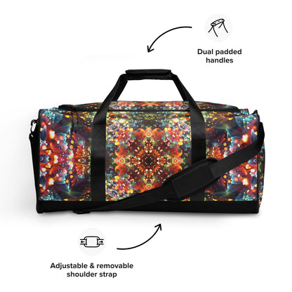 Straight-on front view of the Kaleidobloom duffle bag resting on a flat surface.