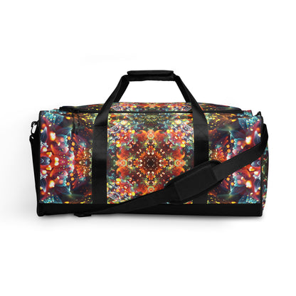 Front view of the Kaleidobloom duffle bag highlighting the dual padded carry handles.