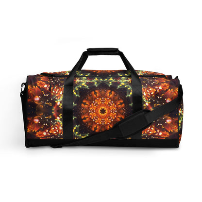 White duffle bag printed with the "Autumn Bloom" design, front view showing the zip pocket and handles.