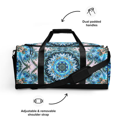 White duffle bag printed with the "Return to Purity" design, front view showing the zip pocket and handles.
