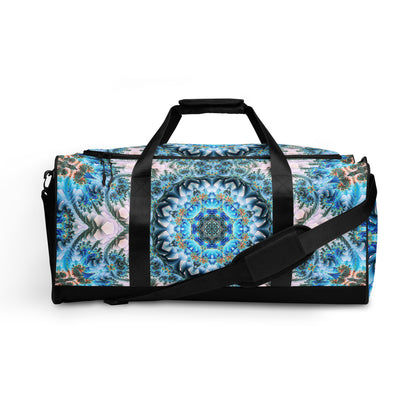 White duffle bag printed with the "Return to Purity" design, front view showing the zip pocket and handles.