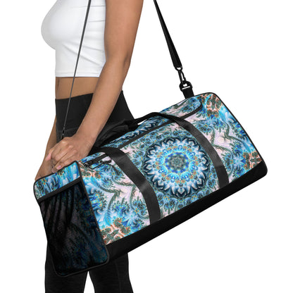 White duffle bag printed with the "Return to Purity" design, front view showing the zip pocket and handles.