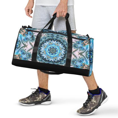 White duffle bag printed with the "Return to Purity" design, front view showing the zip pocket and handles.
