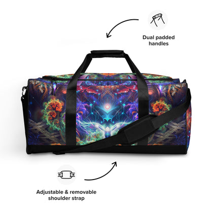White duffle bag printed with the "Magnus Opum" design, front view showing the zip pocket and handles.