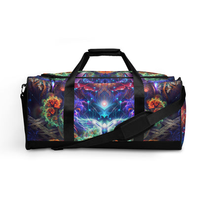 White duffle bag printed with the "Magnus Opum" design, front view showing the zip pocket and handles.