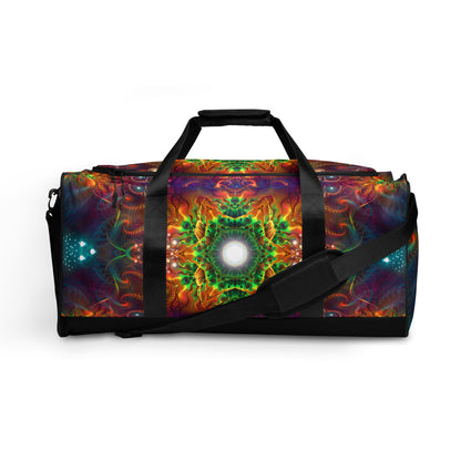 White duffle bag printed with the "Photonic" design, front view showing the zip pocket and handles.