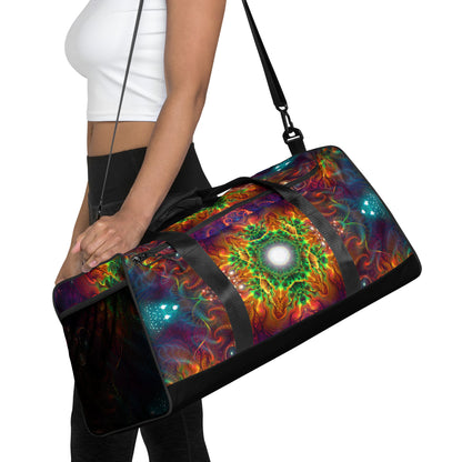 White duffle bag printed with the "Photonic" design, front view showing the zip pocket and handles.