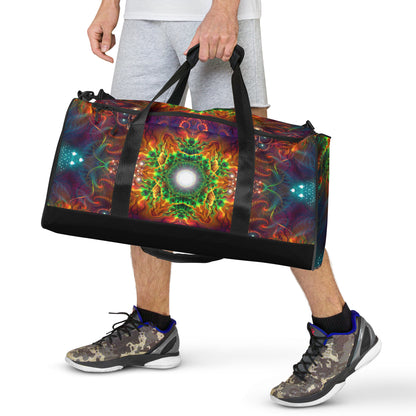 White duffle bag printed with the "Photonic" design, front view showing the zip pocket and handles.