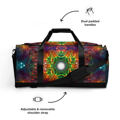 White duffle bag printed with the "Photonic" design, front view showing the zip pocket and handles.