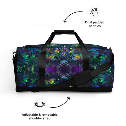 White duffle bag printed with the "Awakened" design, front view showing the zip pocket and handles.