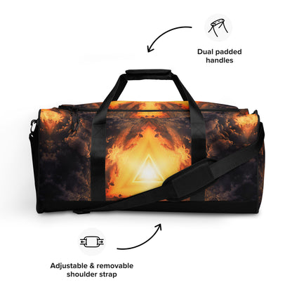 White duffle bag printed with the "Adieu" design, front view showing the zip pocket and handles.