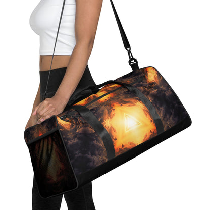 White duffle bag printed with the "Adieu" design, front view showing the zip pocket and handles.