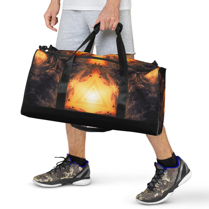 White duffle bag printed with the "Adieu" design, front view showing the zip pocket and handles.